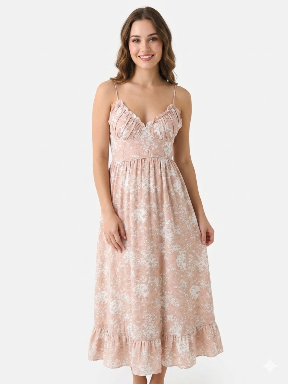 Here Comes The Sun Pink Floral Midi Dress Size Medium AU 10 US M Ruffle Hem